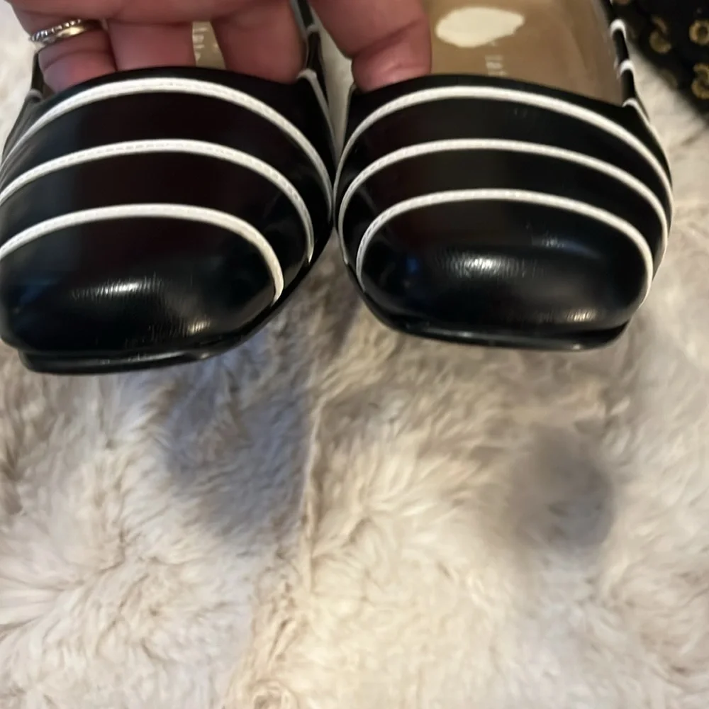 David Tate Womens Black and White Striped Leather Slip On Pumps Heels Sz 6.5W